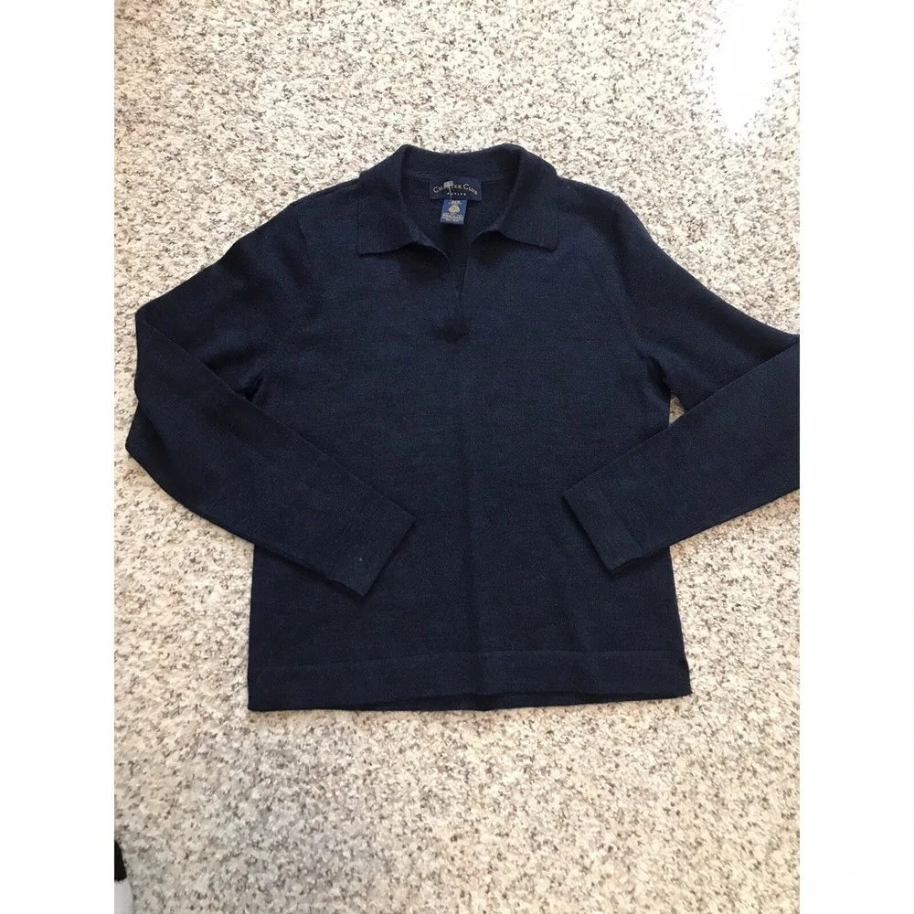 Charter Club 100% Pure Wool‎ V-Neck with Collar Women's Sweater Navy P/S New WOT